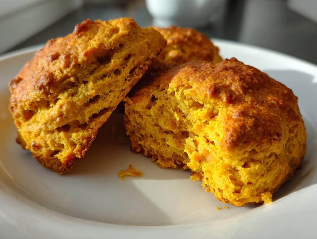 Close-up of pumpkin vegan scones on a white plate, showcasing their golden-brown color and texture.
