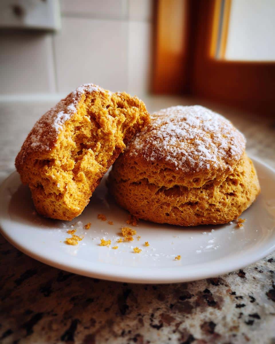 Two pumpkin vegan scones, one broken open, dusted with powdered sugar on a white plate.