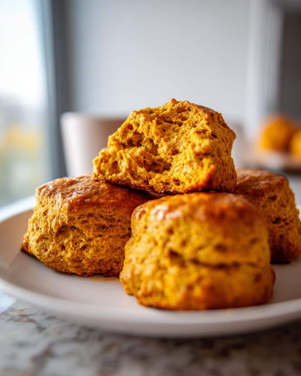 Four pumpkin vegan scones stacked on a white plate, one broken open to show the texture.
