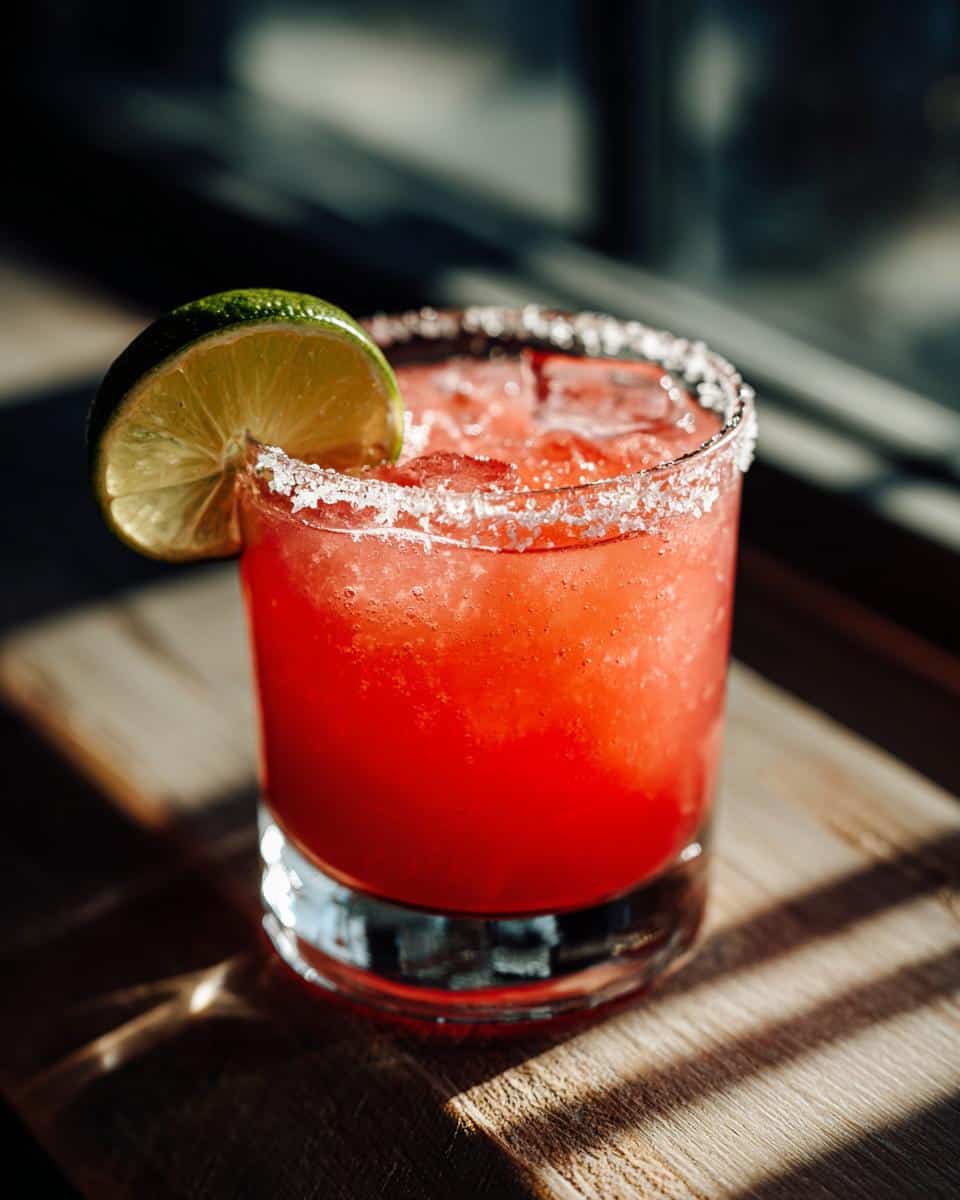 A vibrant red margarita with a salted rim and lime wedge. This is the best margarita recipe!