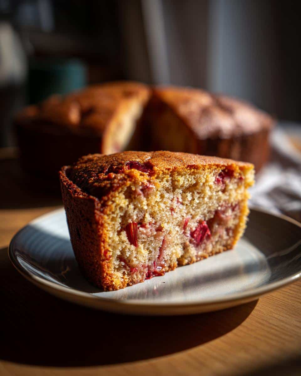 A slice of rhubarb cake on a plate, showcasing the moist texture and rhubarb pieces within the cake.