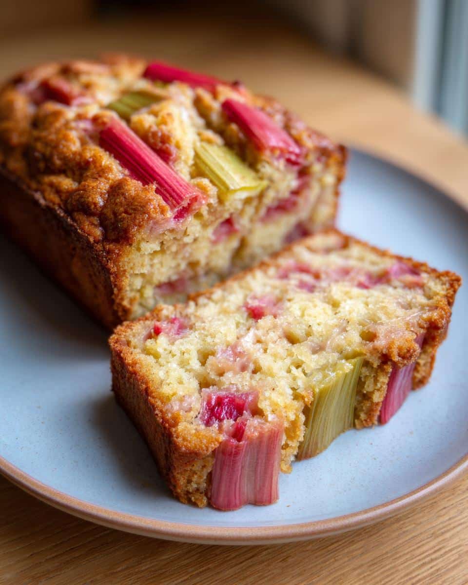 A slice of rhubarb cake using sour cream, showcasing the cake's texture and rhubarb pieces.