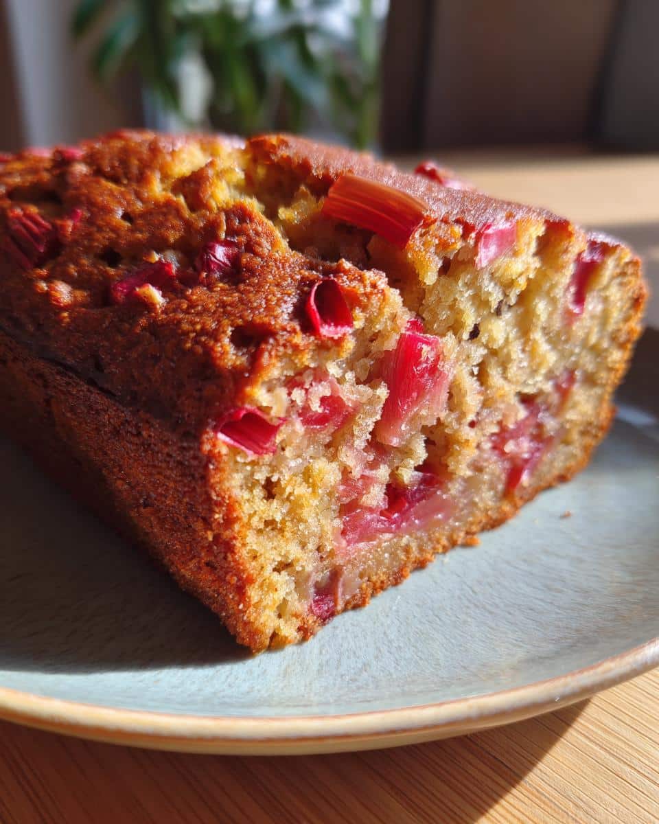 Close-up of a slice of rhubarb cake using sour cream, showing the moist texture and rhubarb pieces.