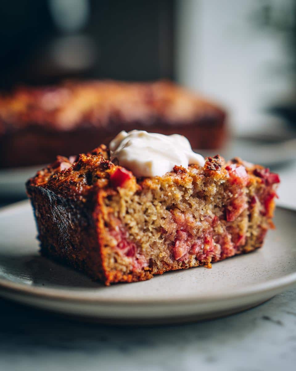 A slice of rhubarb cake using sour cream, topped with a dollop of sour cream on a plate.