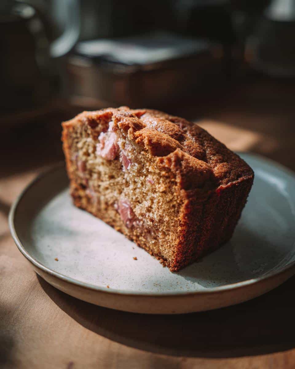 A slice of rhubarb cake using sour cream on a plate, showcasing the cake's texture and rhubarb pieces.