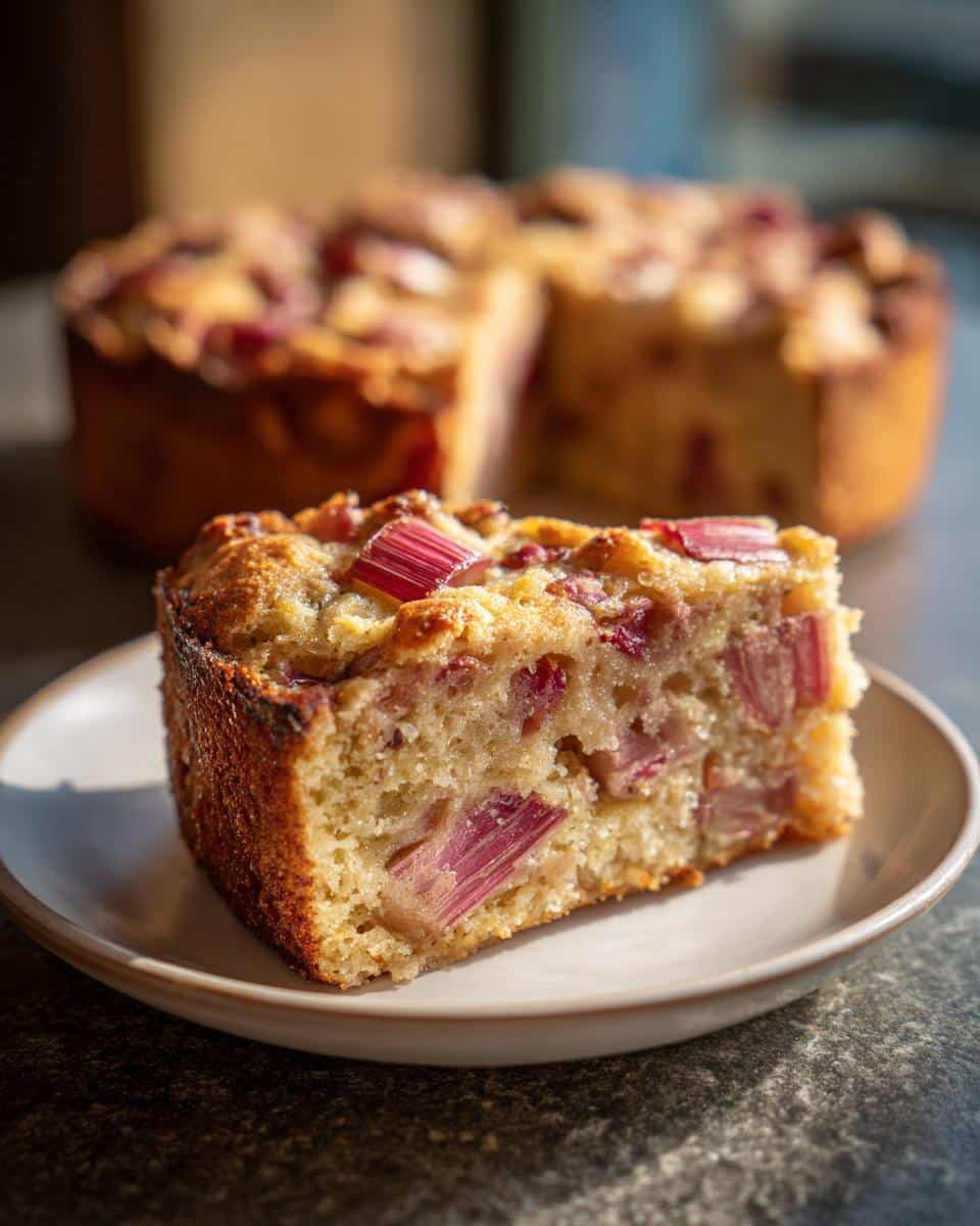 A slice of rhubarb cakes on a plate, with the rest of the cake in the background.