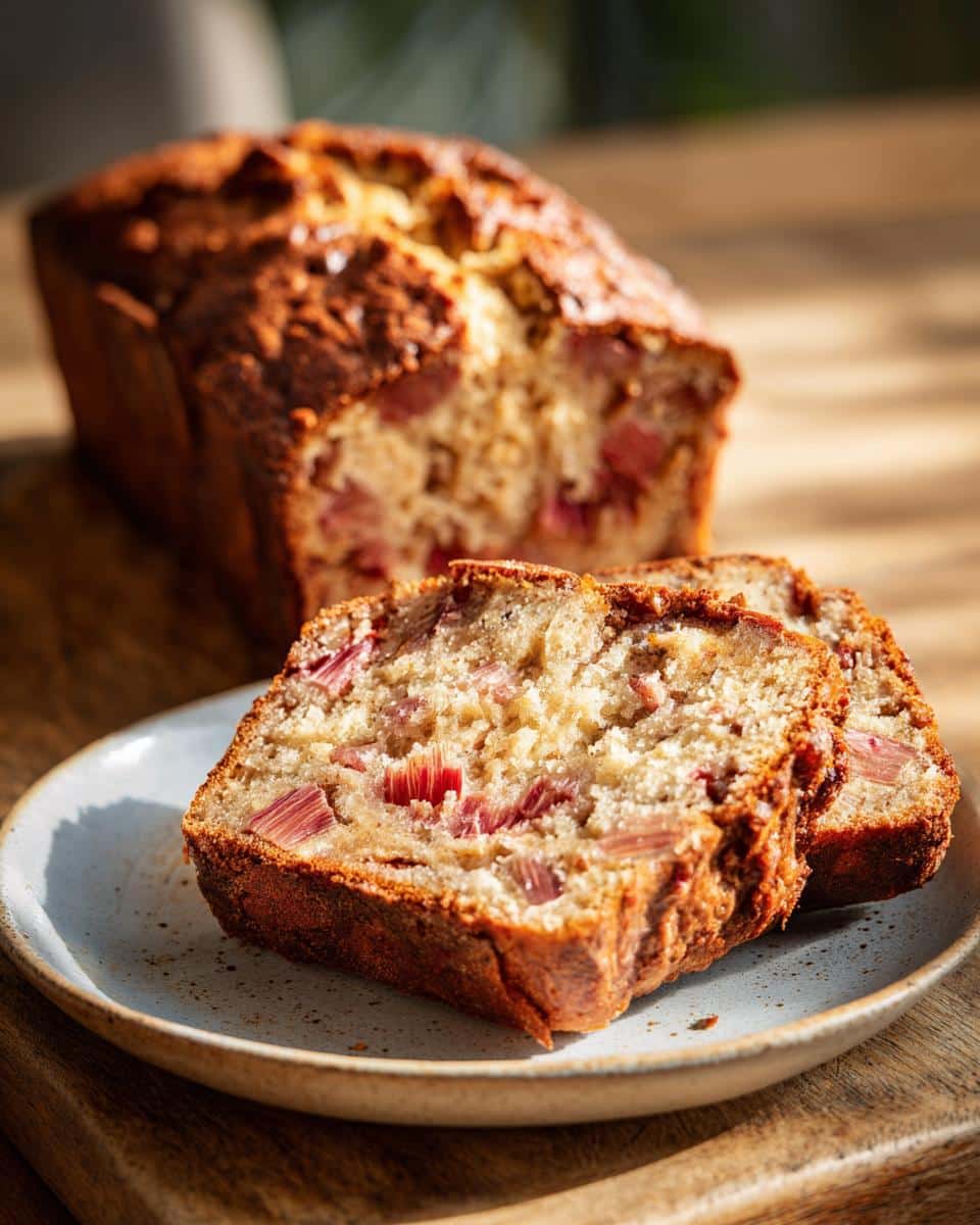 Two slices of rhubarb cakes on a plate, with the rest of the loaf in the background.
