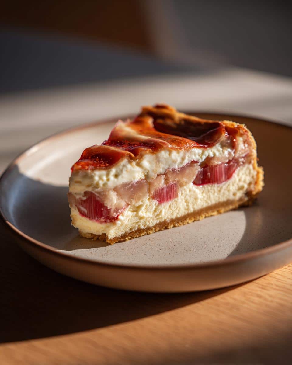 A slice of rhubarb dessert with cream cheese filling and a golden crust, served on a plate.