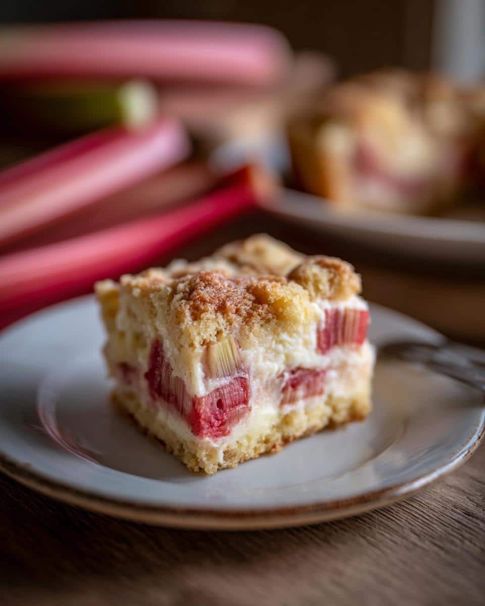 A slice of rhubarb dessert with cream cheese filling and a crumb topping, served on a plate. Delicious rhubarb desserts with cream cheese.
