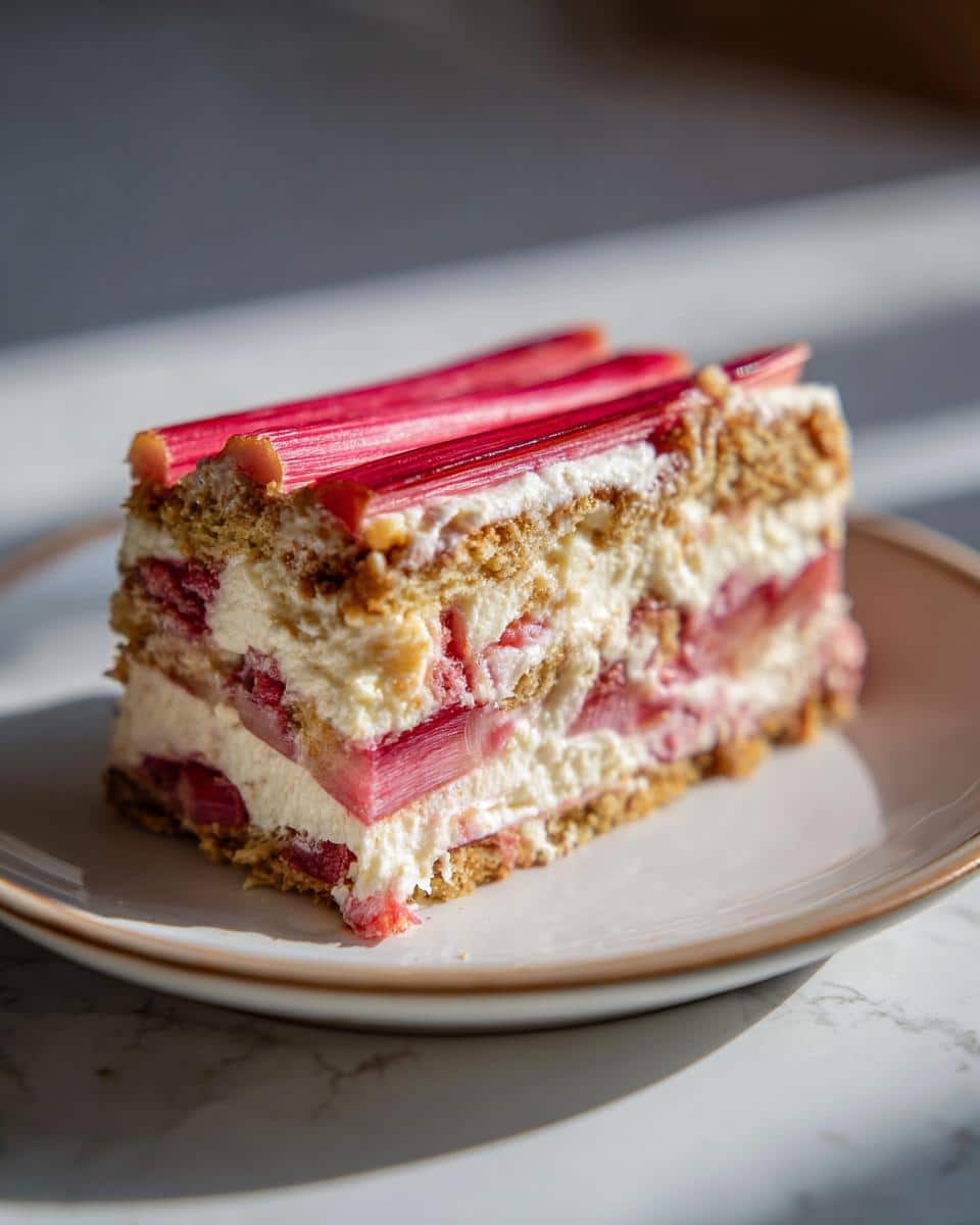 A slice of rhubarb desserts with cream cheese, featuring layers of rhubarb and cream cheese filling.