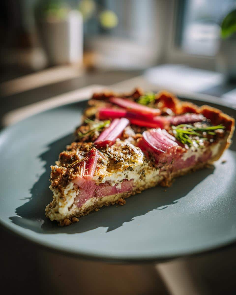 A slice of rhubarb dessert with cream cheese on a plate, showcasing the layers of filling and crust.