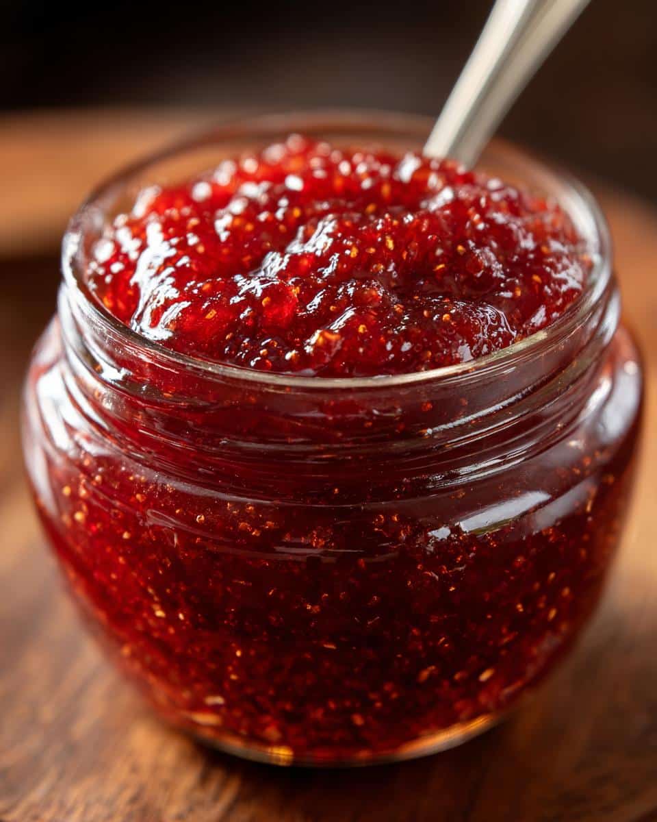Close-up of a jar filled with homemade rhubarb jam with liquid pectin, showing its rich color and texture.
