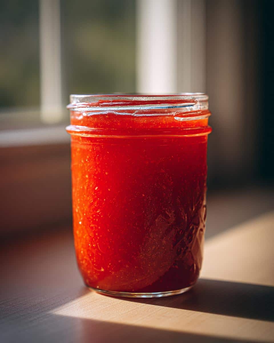 A full jar of vibrant red rhubarb jam with liquid pectin sits on a wooden surface near a window.