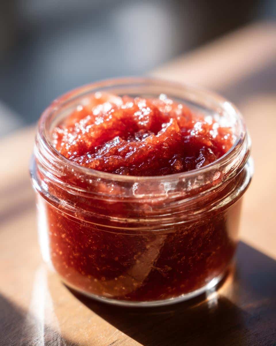 Close-up of a jar filled with homemade rhubarb jam with liquid pectin, showcasing its texture and vibrant color.
