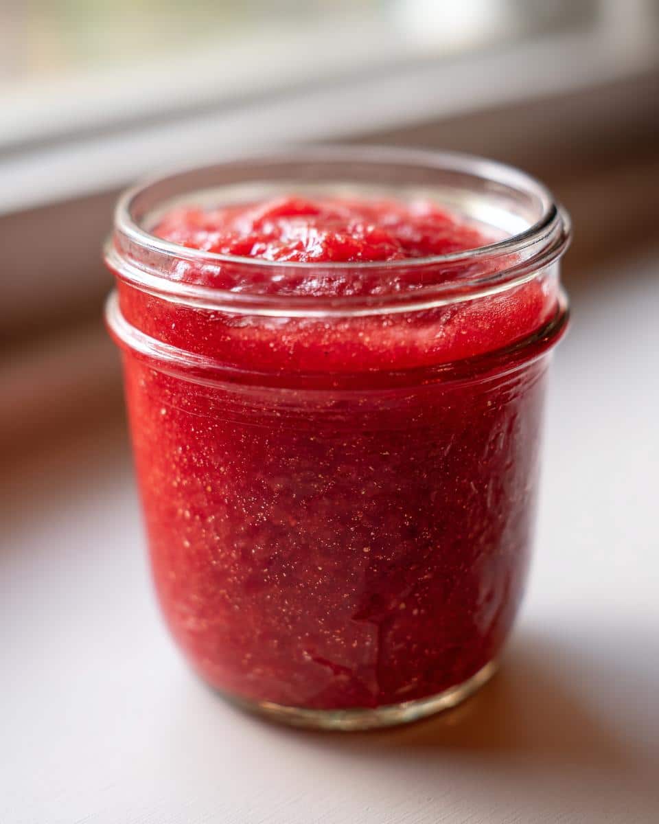 A full jar of vibrant red rhubarb jam with liquid pectin, sitting on a white surface.