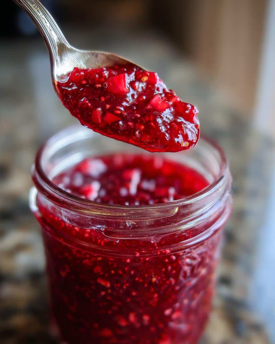 A spoonful of vibrant red rhubarb jam with pectin being lifted from a glass jar.