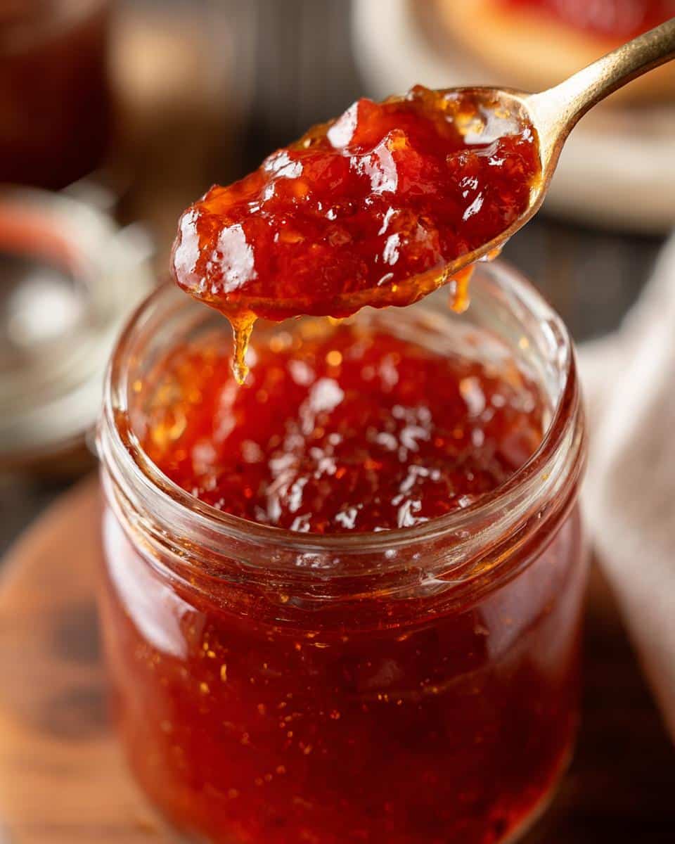 Golden spoon holding a scoop of glistening rhubarb jam with pectin, dripping over a jar of jam.
