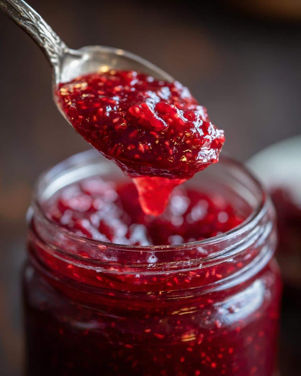 A spoonful of vibrant red rhubarb jam with pectin dripping over a glass jar.