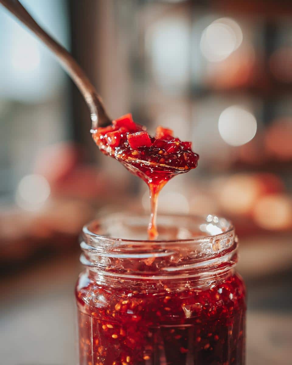 Close-up of a spoonful of homemade rhubarb jam with pectin dripping into a glass jar.
