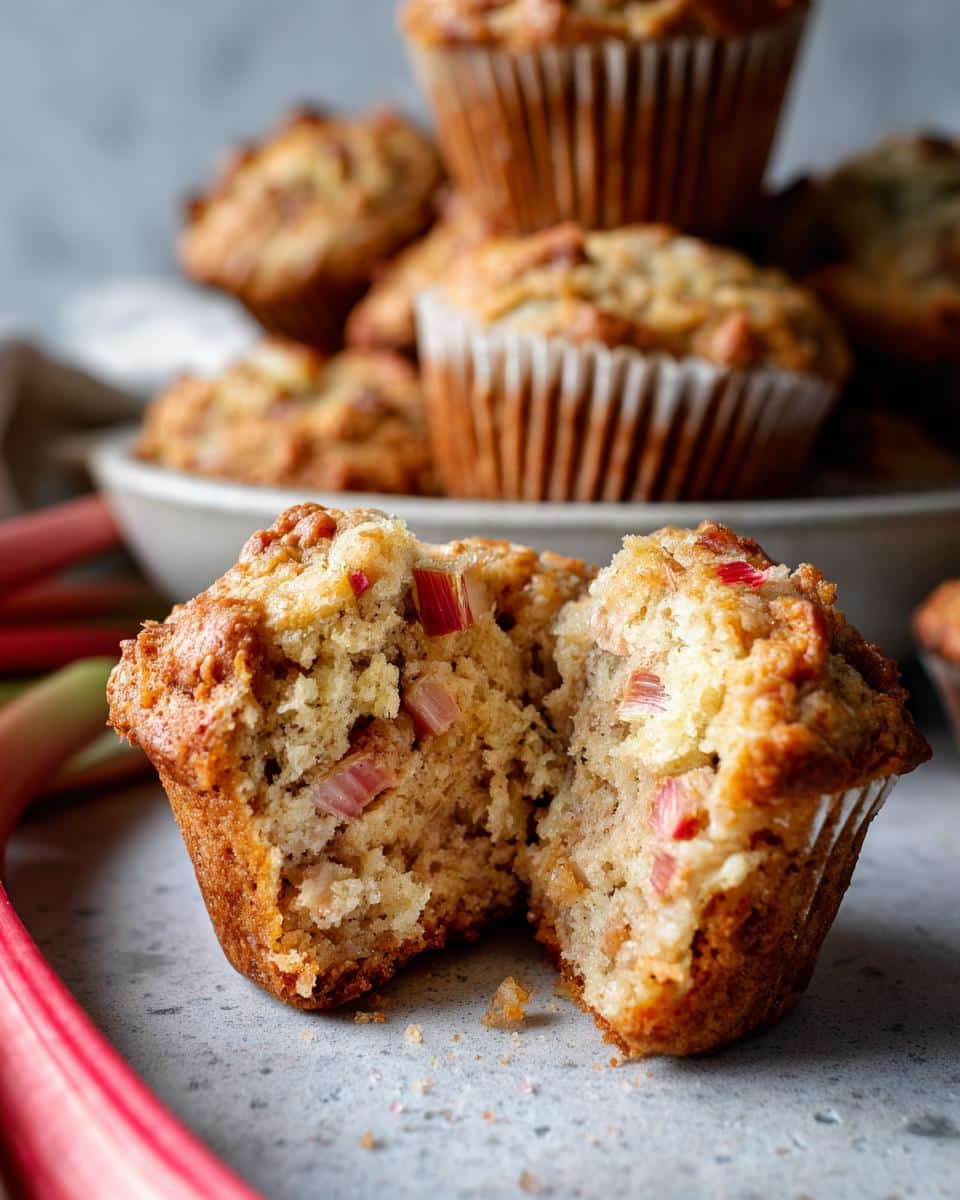 Inside view of a rhubarb muffin recipe with buttermilk, showing the moist crumb and chunks of rhubarb.