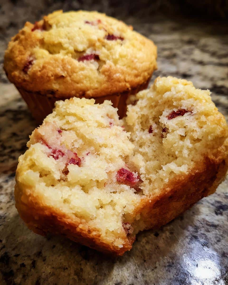 Close-up of a rhubarb muffins recipe with buttermilk, one muffin broken open to show inside texture.