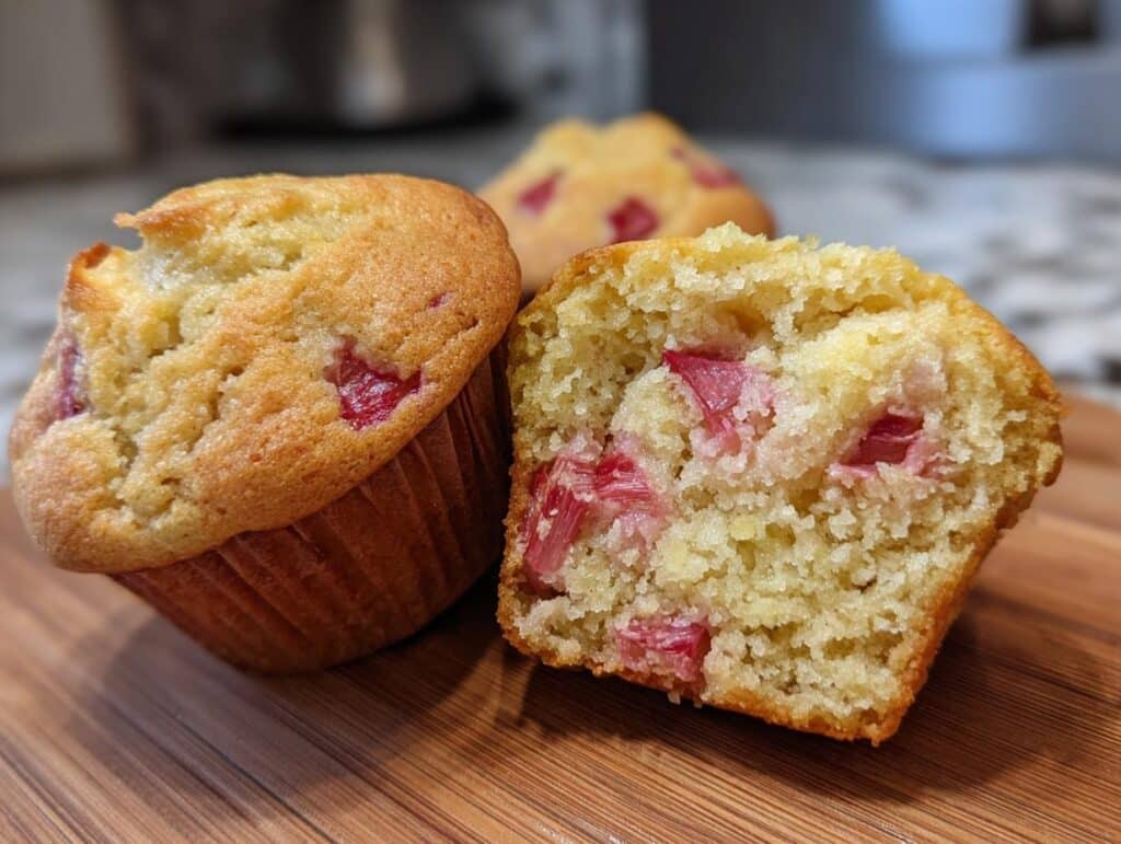 Close-up of rhubarb muffins recipe with buttermilk, one muffin cut in half to show the inside texture.