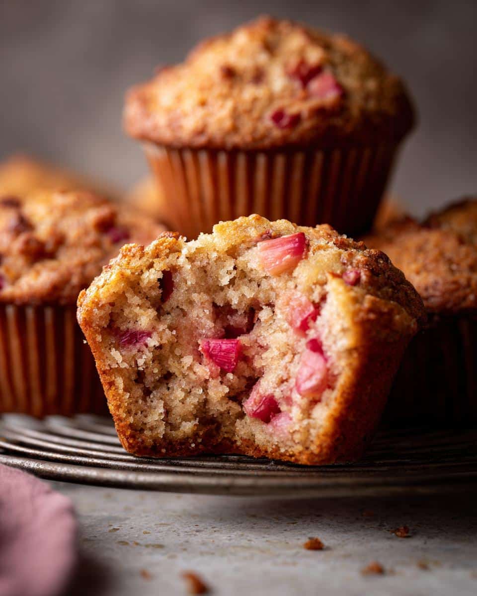 Close-up of a rhubarb muffins recipe with buttermilk, showing the moist crumb and chunks of rhubarb.