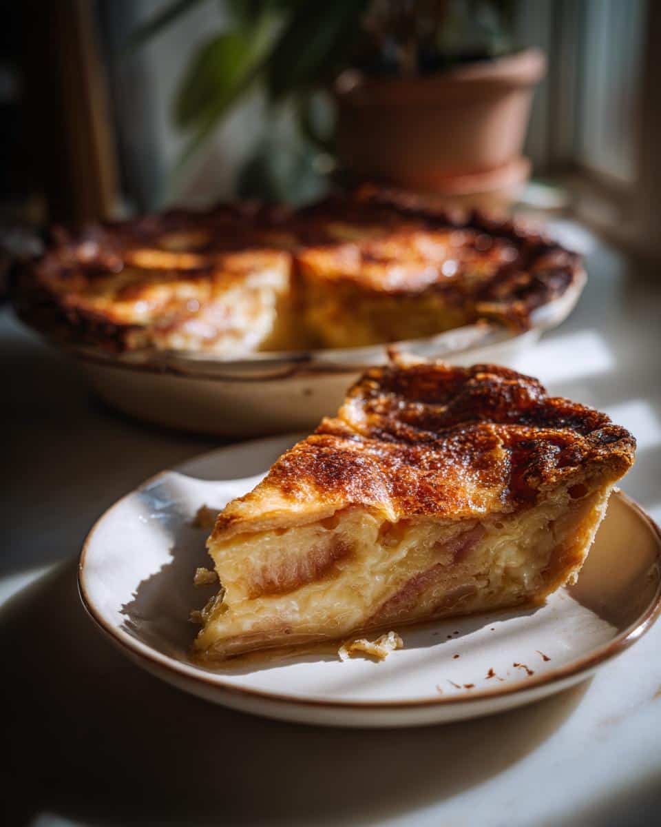 A slice of rhubarb sour cream custard pie on a plate, with the rest of the pie in the background.