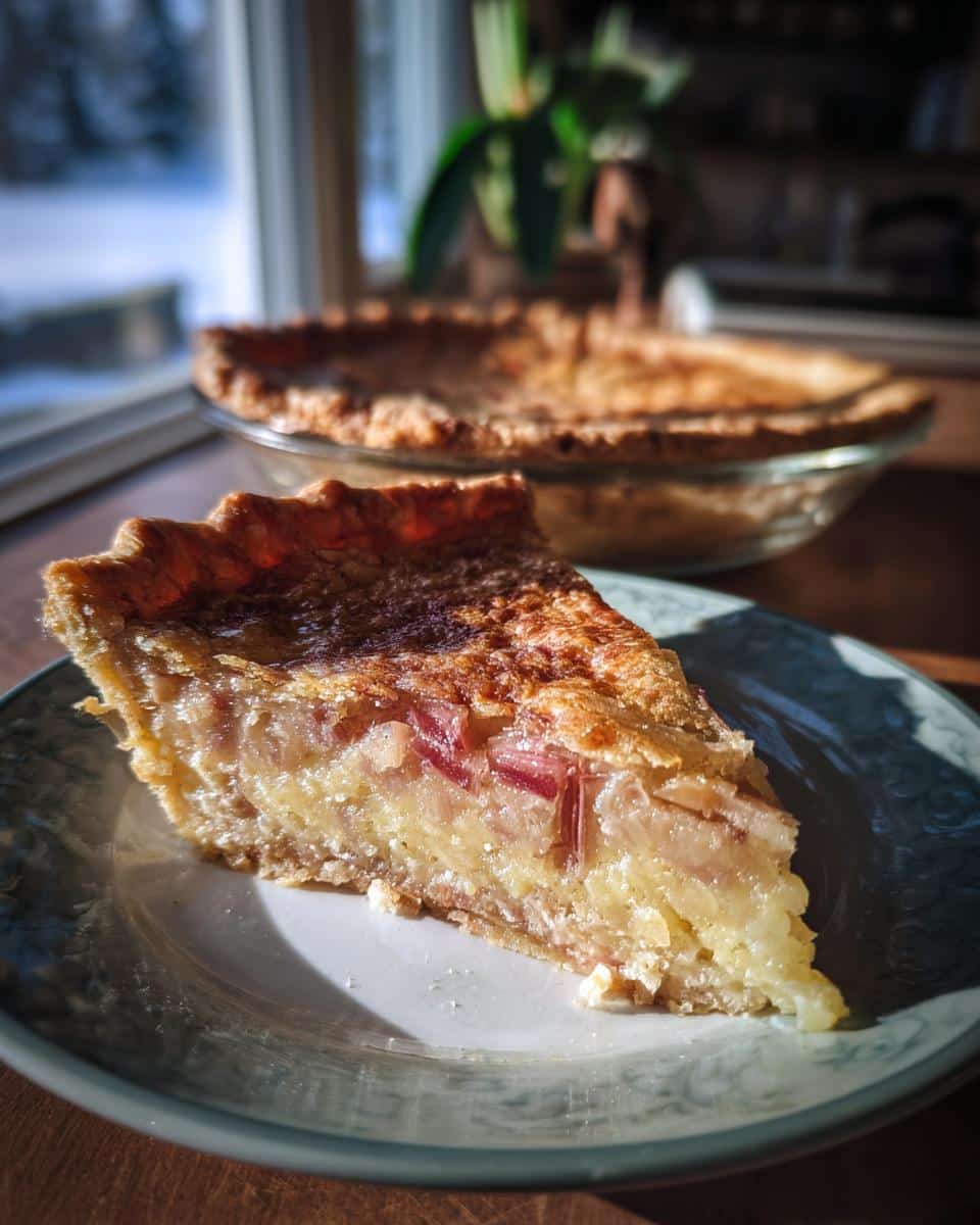A slice of rhubarb sour cream custard pie on a plate, with the full pie visible in the background.