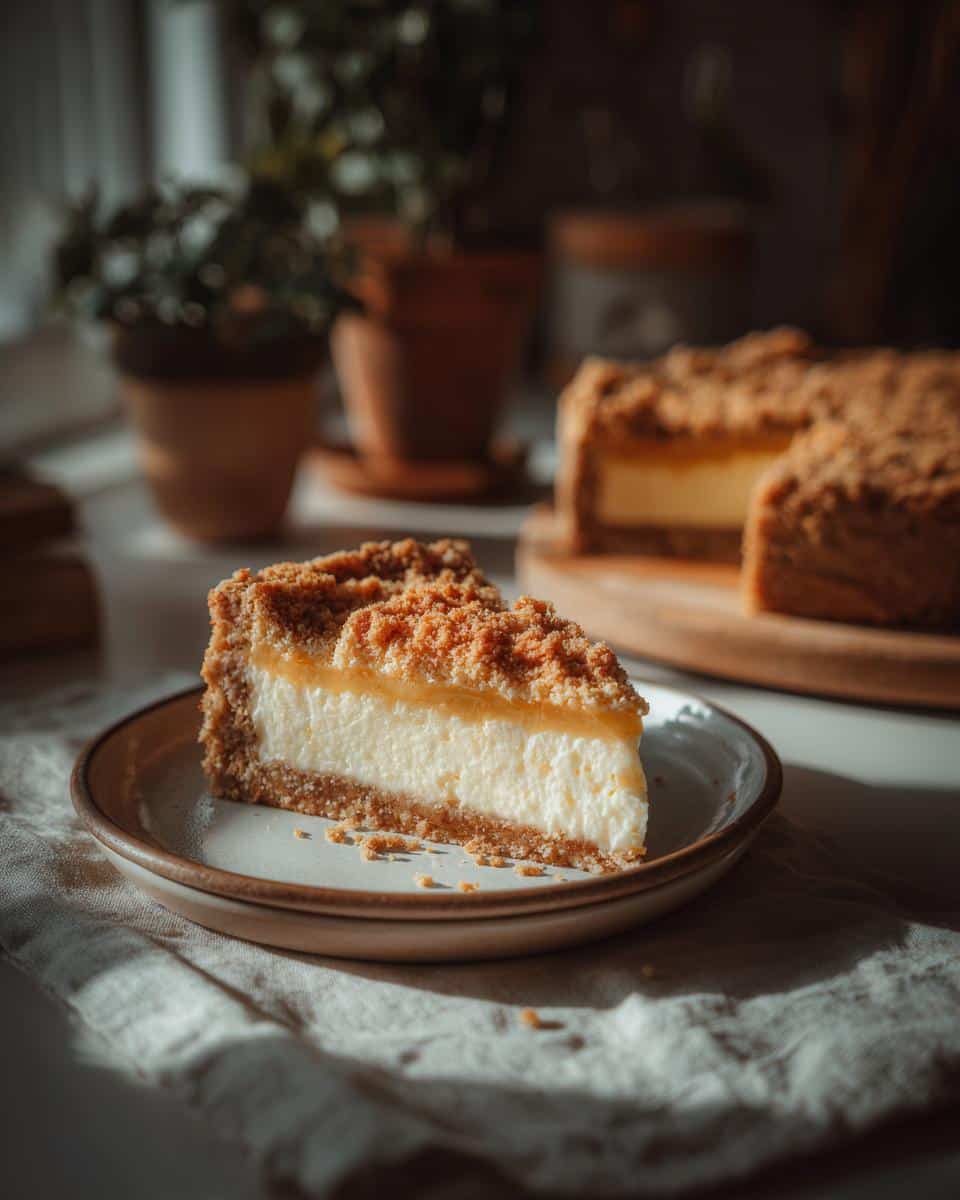 A slice of rhubarb sour cream custard pie with a crumb topping on a plate.