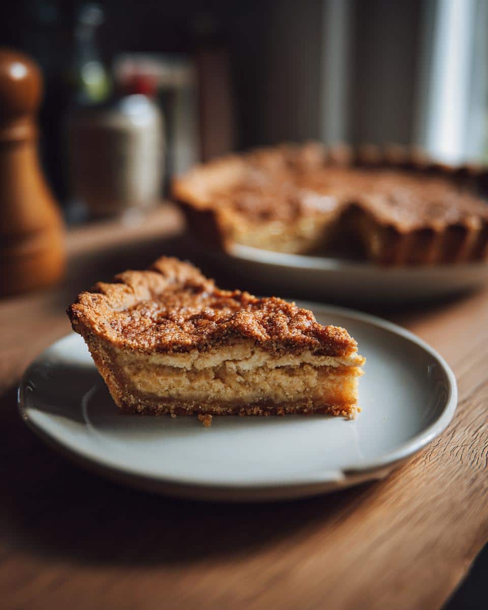 A slice of rhubarb sour cream custard pie on a plate, showcasing the flaky crust and creamy filling.