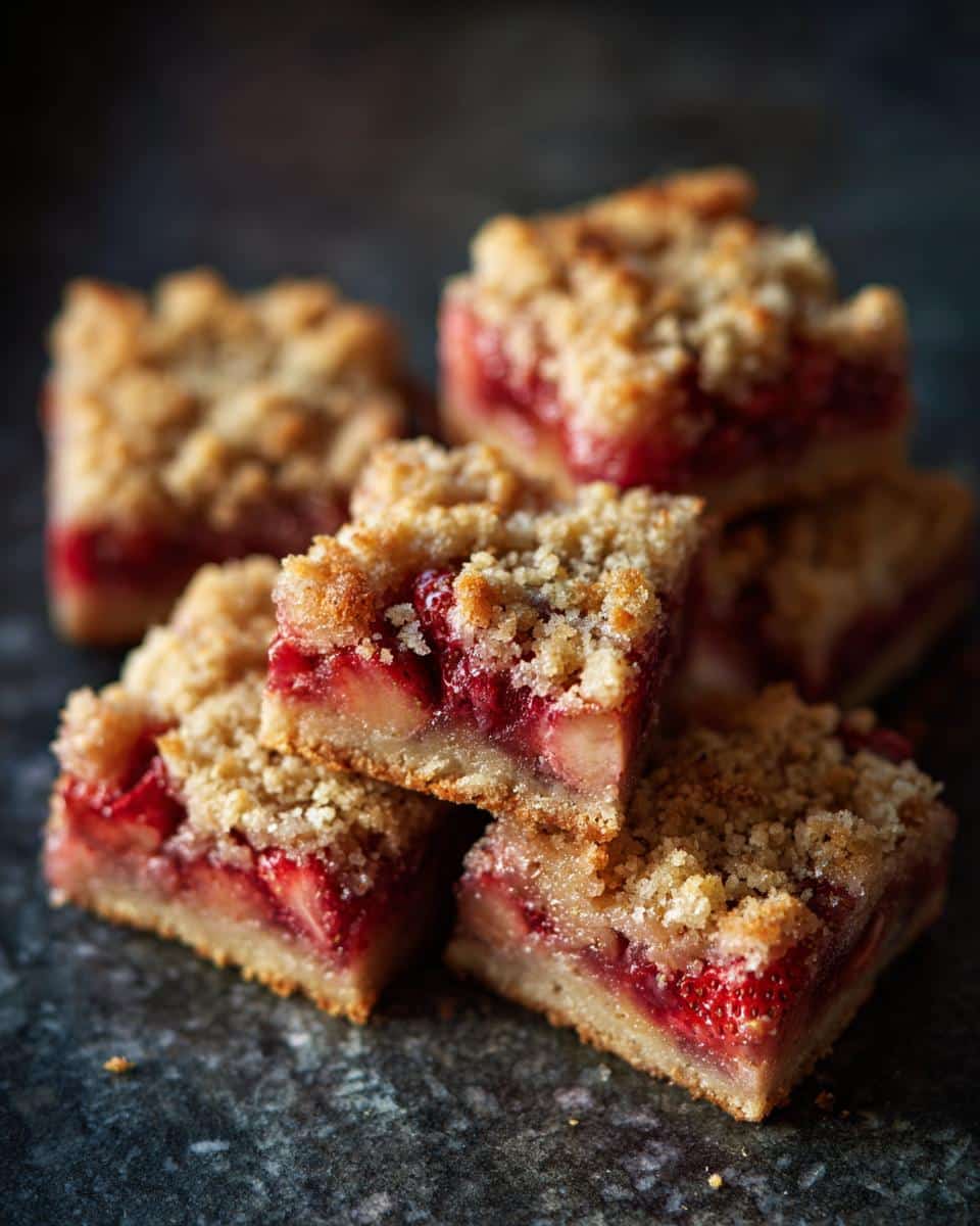 A stack of freshly baked rhubarb strawberry crisp bars with a golden crumble topping.