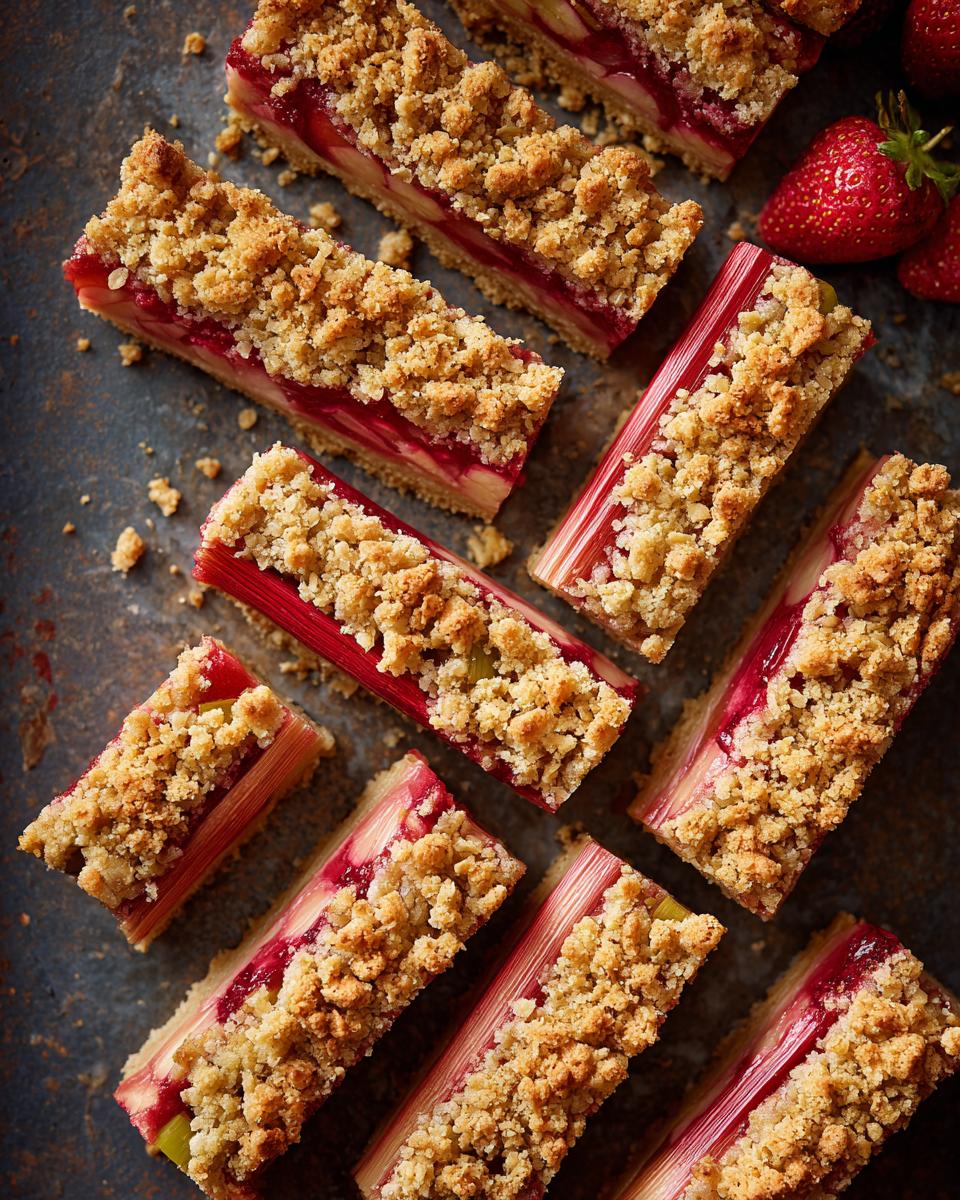 Overhead shot of rhubarb strawberry crisp bars with a golden crumble topping and fresh strawberries.