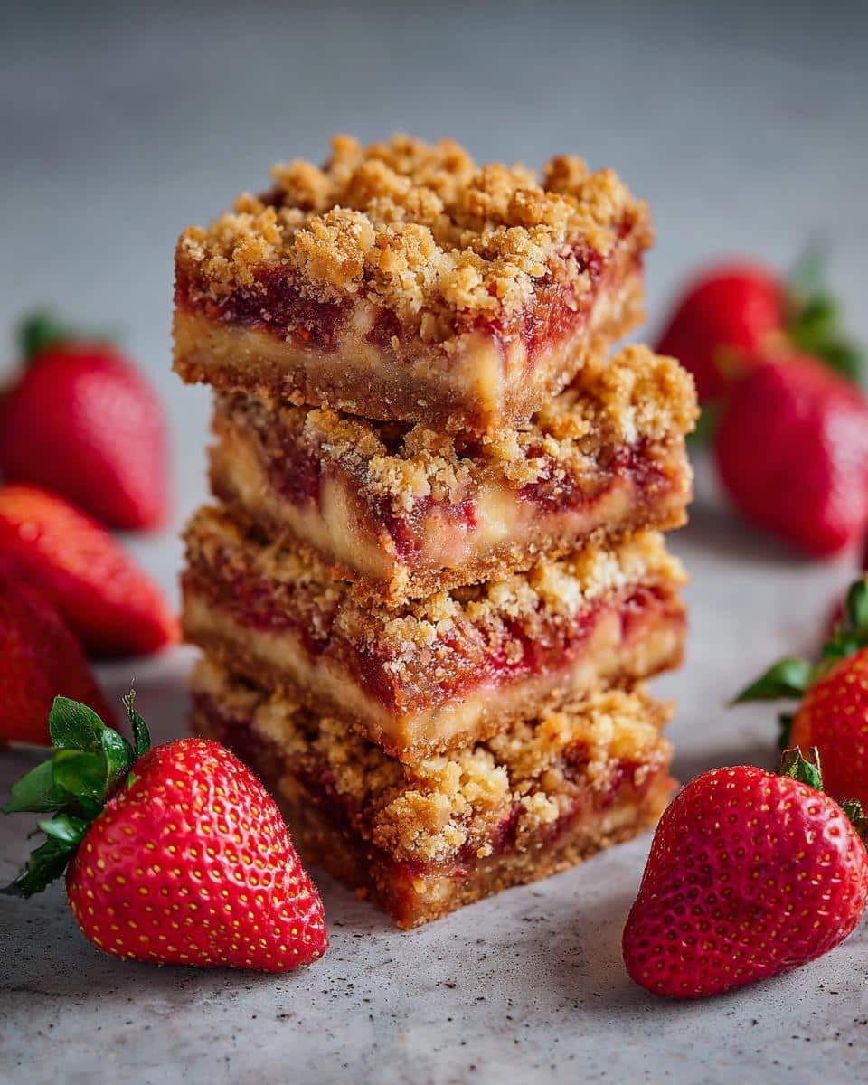 A stack of rhubarb strawberry crisp bars surrounded by fresh strawberries.