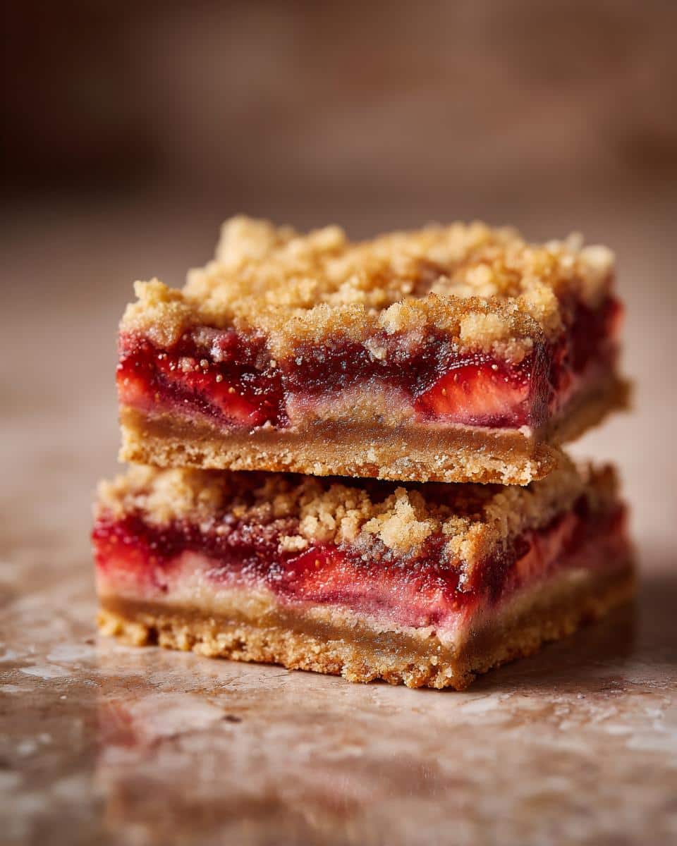 Two rhubarb strawberry crisp bars stacked on top of each other, showing the fruit filling and crumb topping.