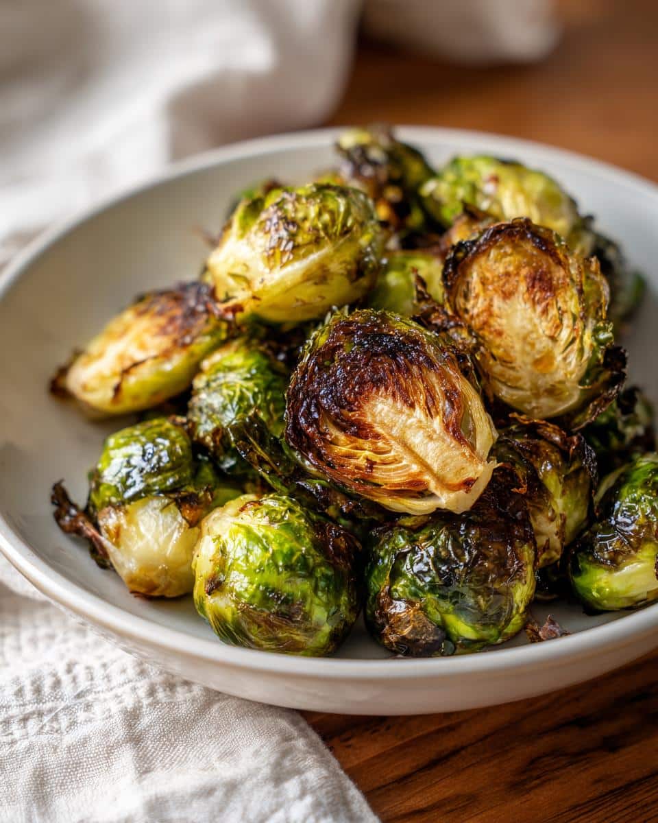Close-up of a bowl filled with delicious Roasted Brussels Sprouts, showing their crispy, caramelized edges.