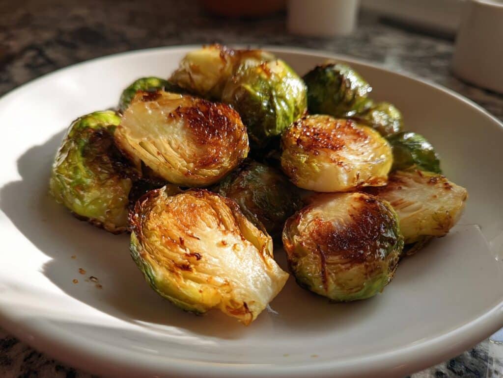 Close-up of golden brown Roasted Brussels Sprouts on a white plate, ready to eat.