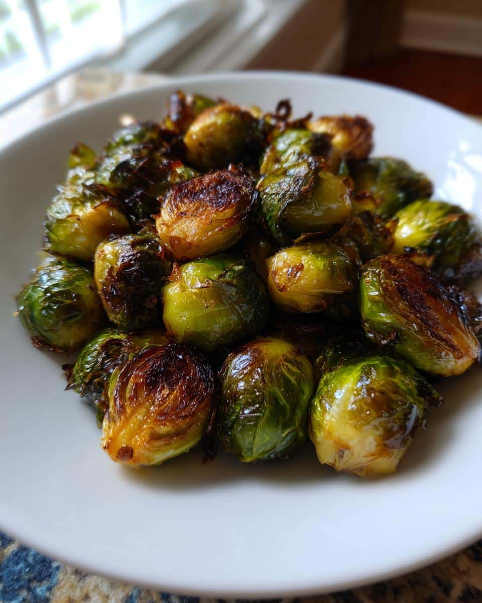 A plate piled high with golden brown Roasted Brussels Sprouts, ready to eat.
