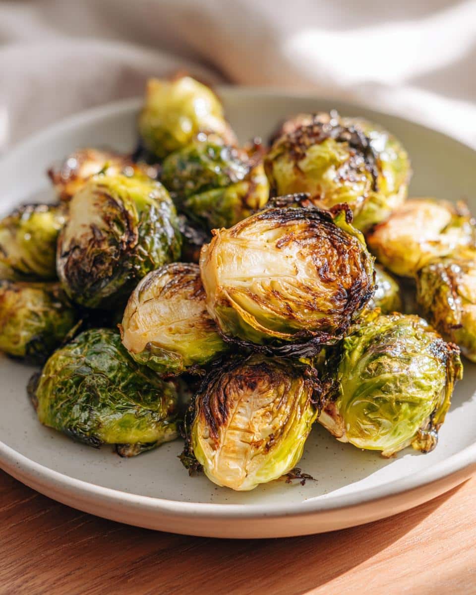 Close-up of a plate of golden brown Roasted Brussels Sprouts, showing their crispy edges and tender interiors.