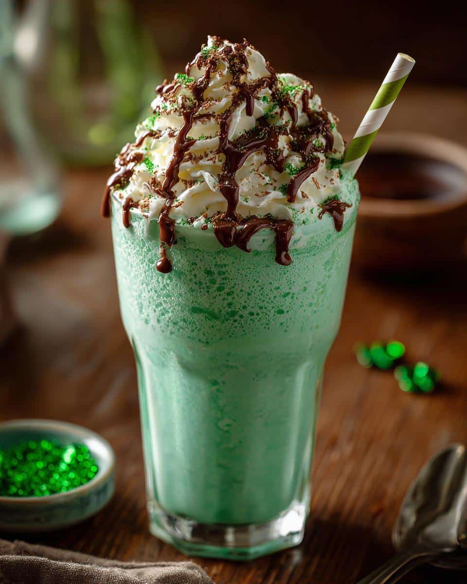 A vibrant green Shamrock Shake topped with whipped cream, chocolate drizzle, and green sprinkles.