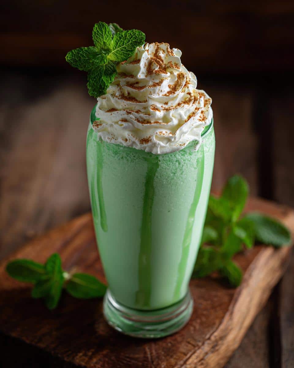 A creamy Shamrock Shake in a glass, topped with whipped cream, mint sprig, and a dusting of spice.