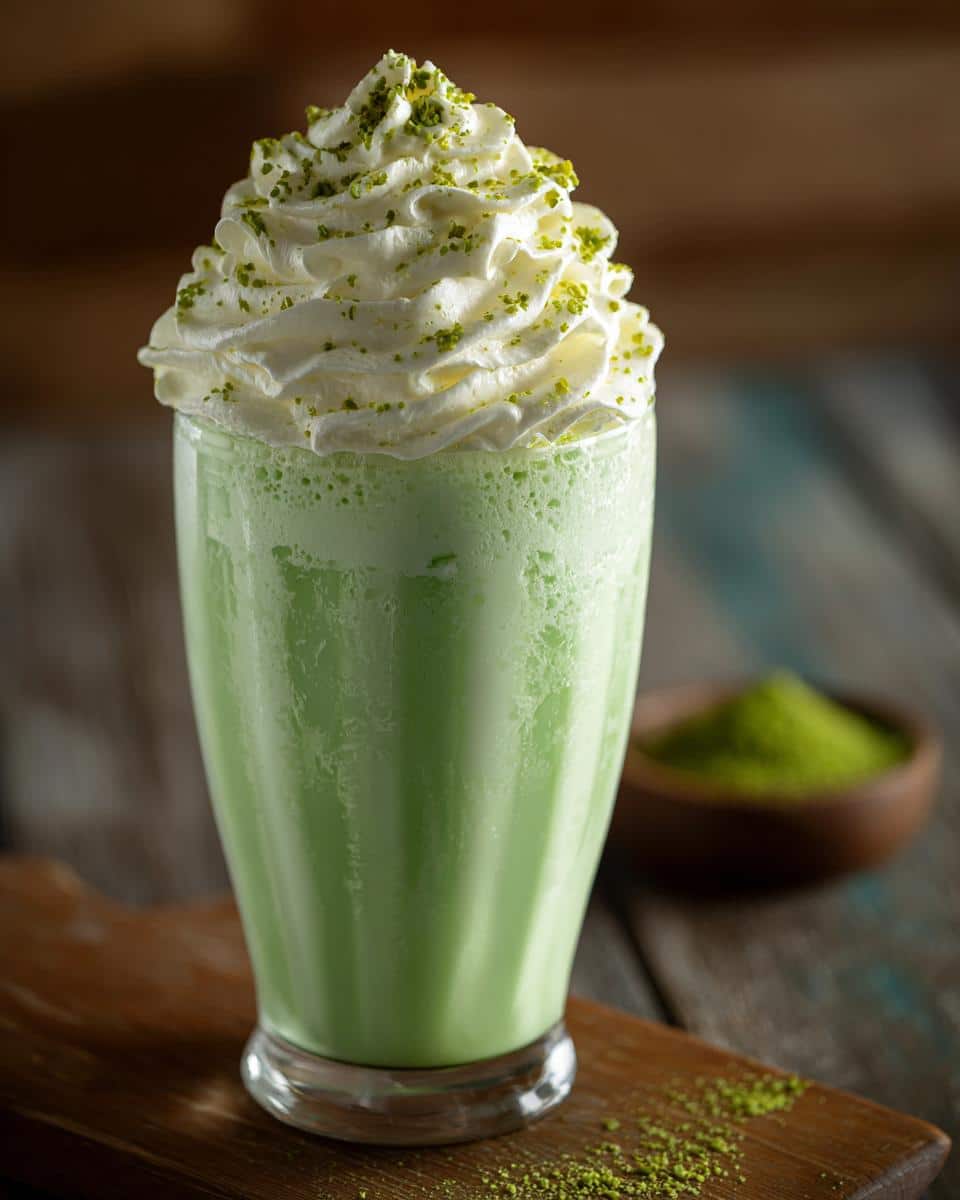 A vibrant green shamrock shake topped with whipped cream and green sprinkles, served in a tall glass.
