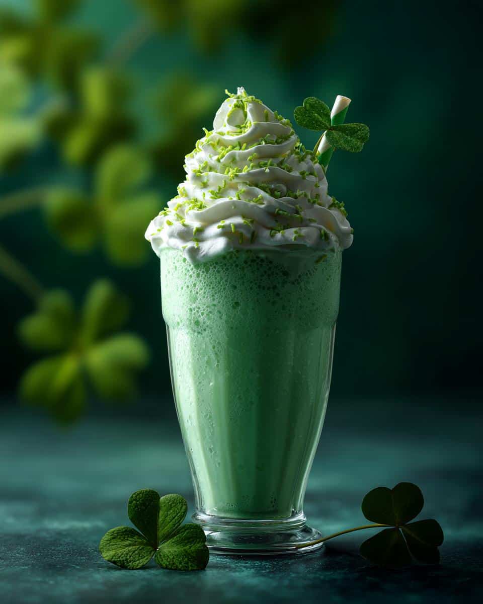 A vibrant green shamrock shake topped with whipped cream and green sprinkles, garnished with a shamrock.