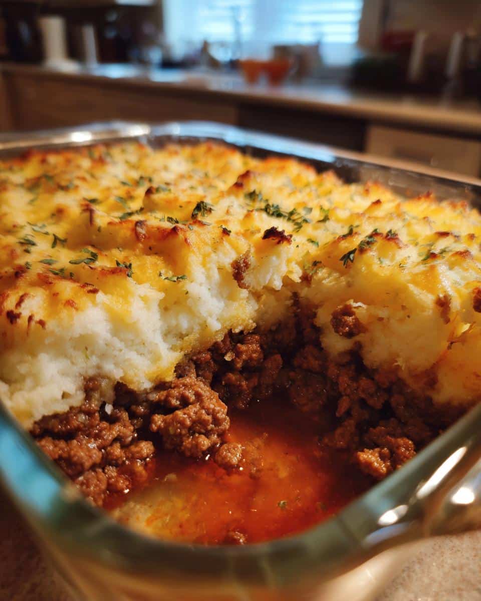 Close-up of a freshly baked shepherd's pie recipe in a glass baking dish, showing the meat filling and mashed potato topping.