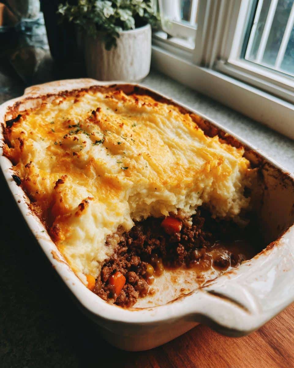 Baked shepherd's pie recipe in a white dish, showing layers of meat and mashed potato topping.