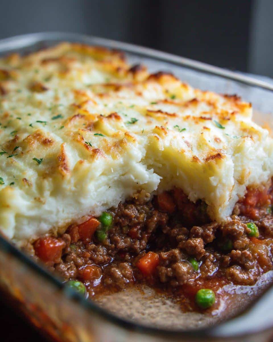 Close-up of a freshly baked shepherd's pie recipe with a golden mashed potato topping and savory meat filling.