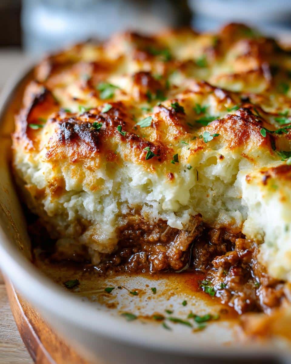 Close-up of a freshly baked shepherd's pie recipe, revealing layers of meat and mashed potato topping.