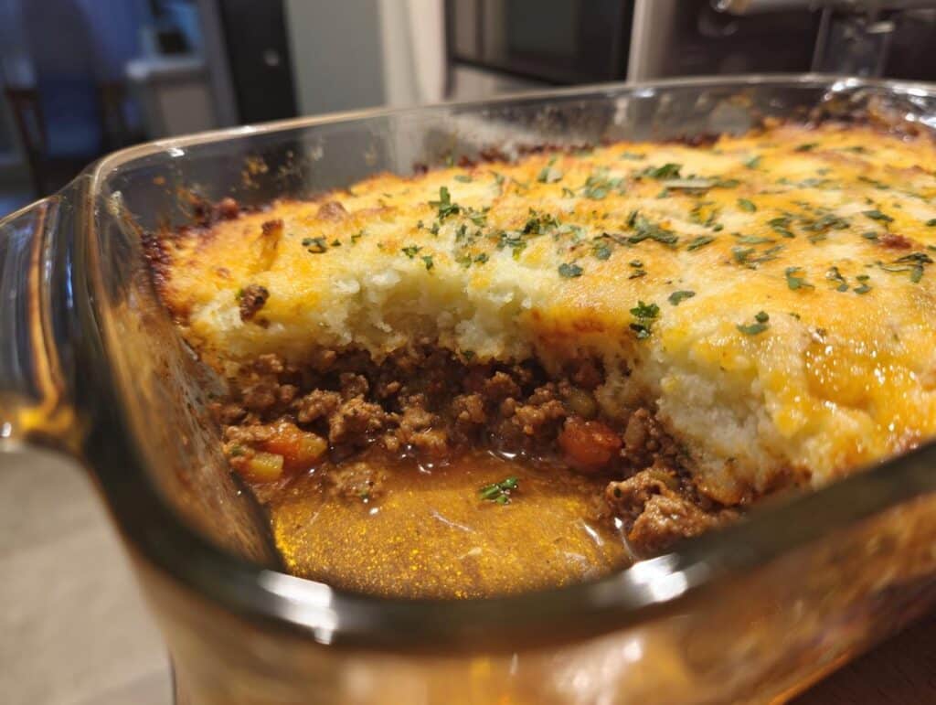 Close-up of a freshly baked shepherd's pie recipe in a glass dish, showing the layers of meat and mashed potato topping.