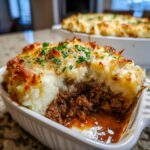 Close-up of a serving of shepherd's pie recipe with ground meat and mashed potato topping, garnished with parsley.
