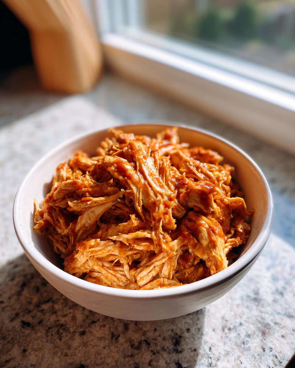 Bowl of shredded chicken coated in sauce, showcasing one of the crockpot chicken recipes.
